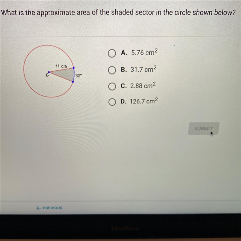 What is the approximate area of the shaded sector in the circle shown below?O A. 5.76 cm-example-1