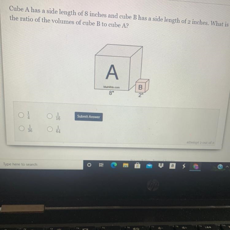 Cube A has a side length of 8 inches and cube B has a side length of 2 inches. What-example-1