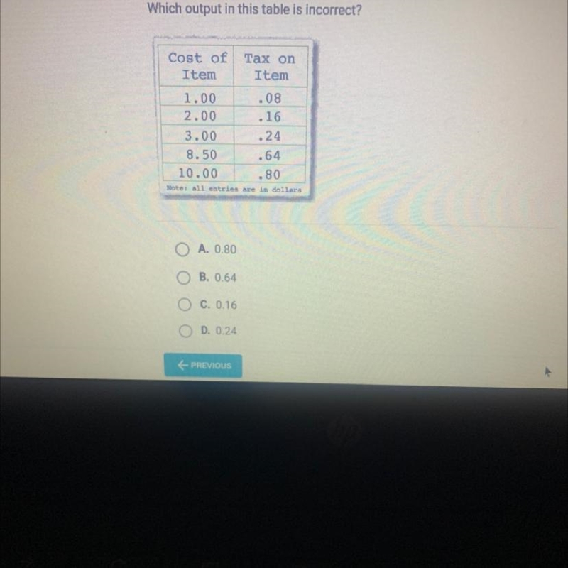 Question 3 of 10Which output in this table is incorrect?Cost ofItemTax onItem.081.002.00 .163.00 .248.50 .6410.00 .80Note-example-1