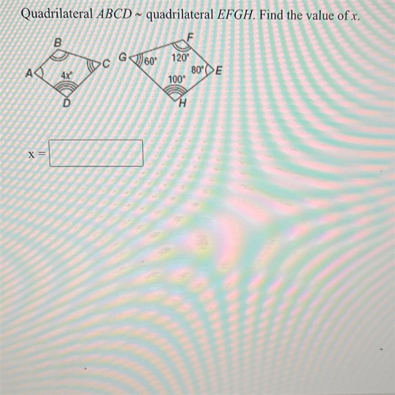 Quadrilateral ABCD ~ quadrilateral EFGH. Find the value of x.-example-1