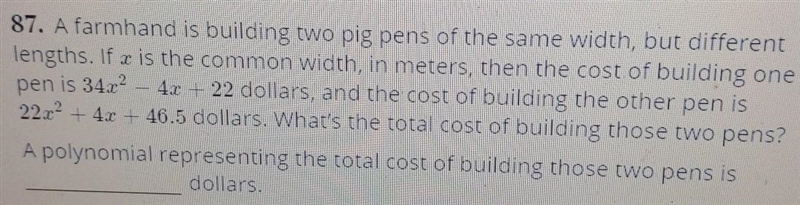 A farmhand is building two pig pens of the same width, but different lengths. If x-example-1