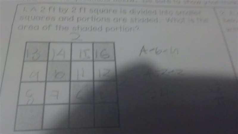 a 2 ft by 2 ft square is divided into smaller squares and portions are shaded. What-example-1