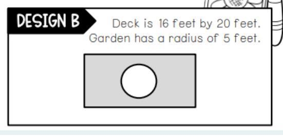 What is the area of the deck, not including the garden, in design B?(10 Points)-example-1