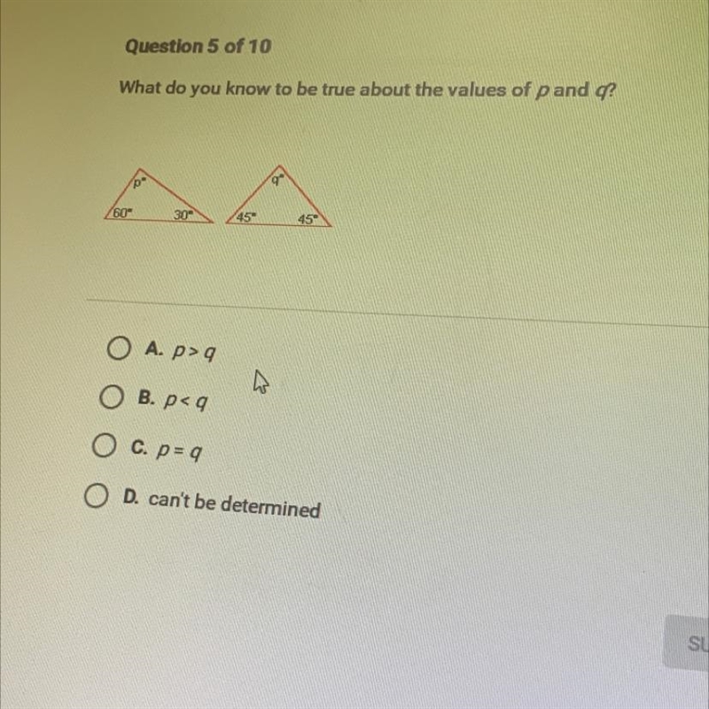 What do you know to be true about the values of p and g?pºgº6030°4545O A. p>gO-example-1