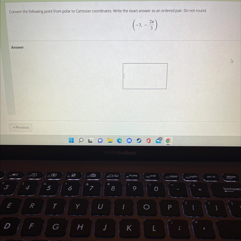 Convert the following point from polar to Cartesian coordinates. Write the exact answer-example-1