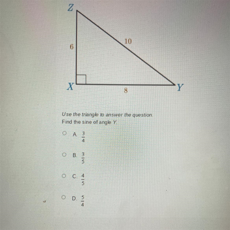 Use the triangle to answer the question.Find the sine of angle Y.-example-1