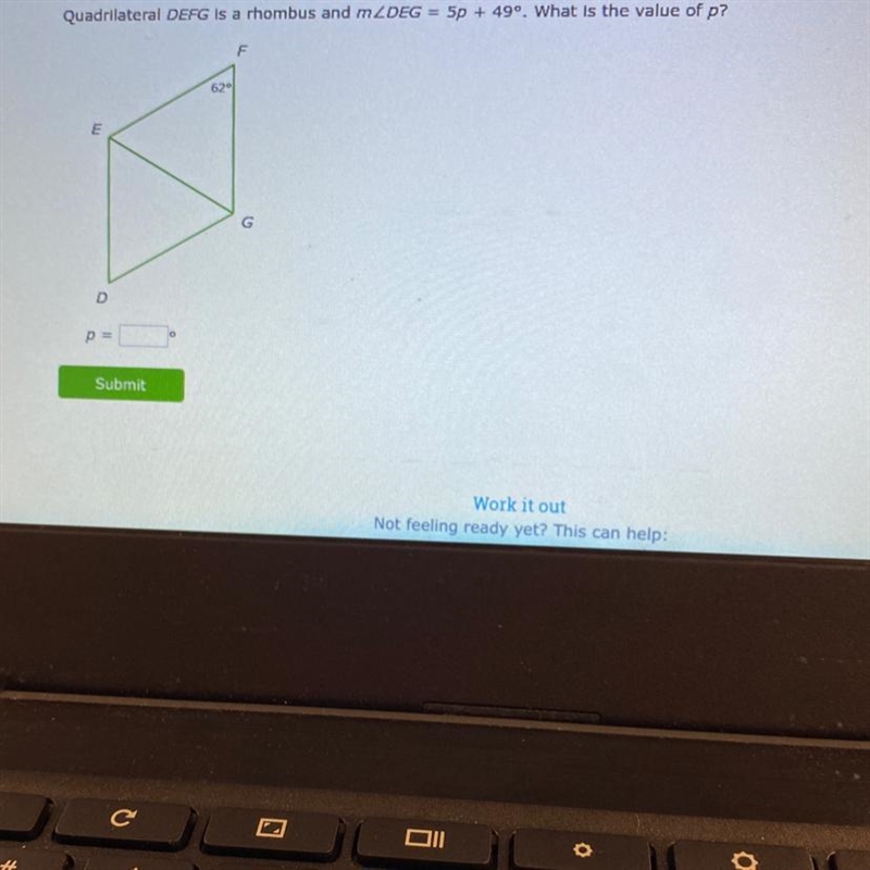 Quadrilateral DEFG is a rhombus and m value of p-example-1