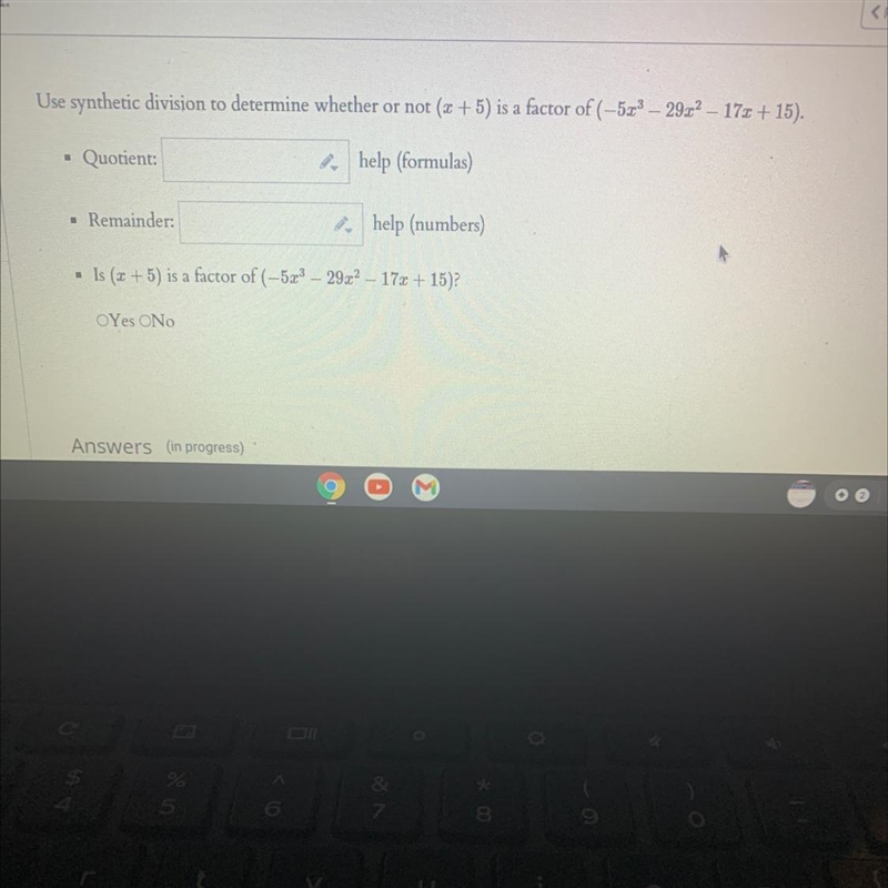 Use synthetic division to determine whether or not (2 + 5) is a factor of (-5203 – 29x-example-1