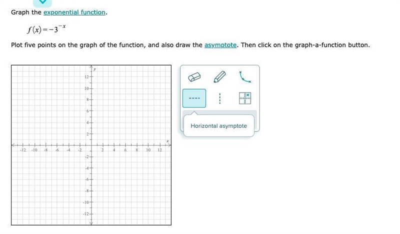 Graphing an exponential function and its asymptote: f(x)=b-x or f(x)=-bax-example-1