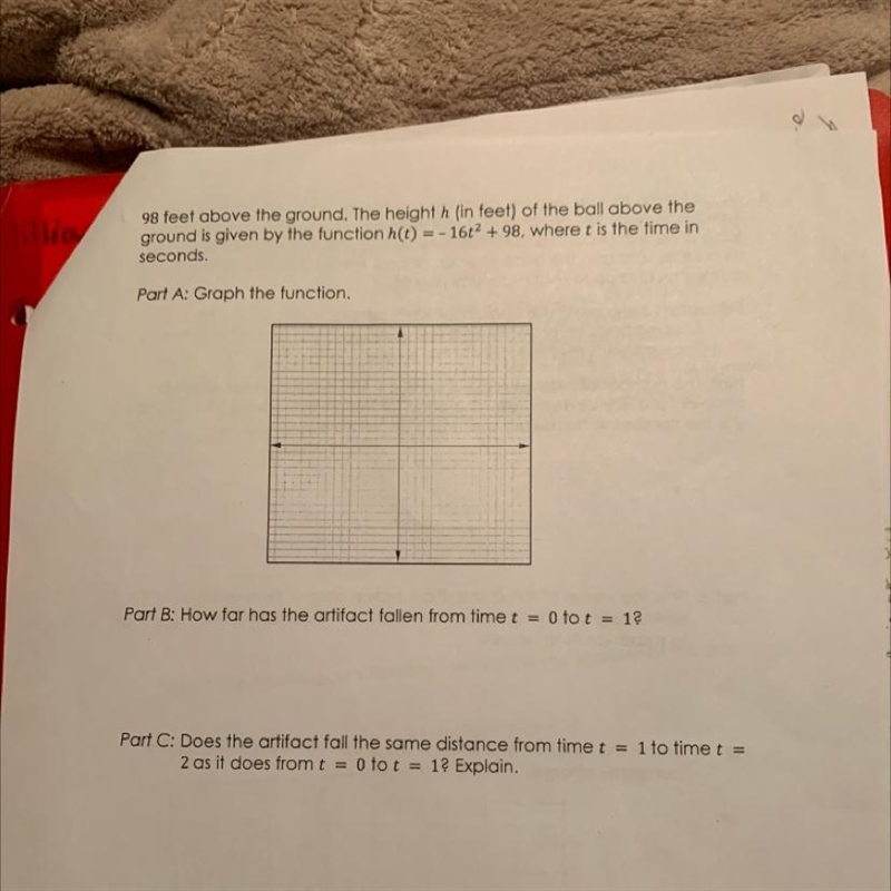 Graph the function.How far has the artifact fallen from time t=0 to t= 1?-example-1