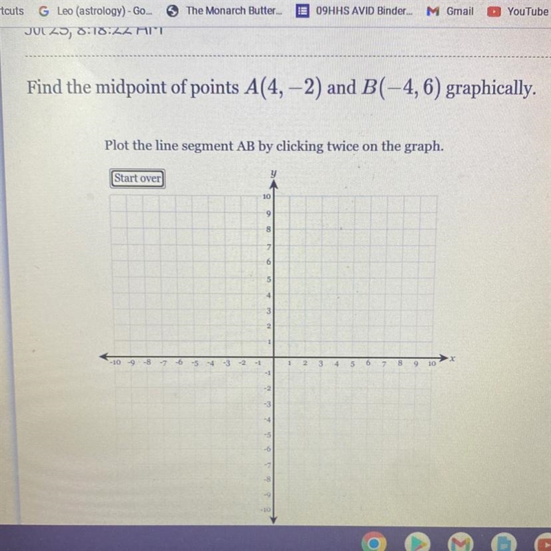 Find the midpoint of points A(4, -2) and B(-4, 6) graphically.Plot the line segment-example-1