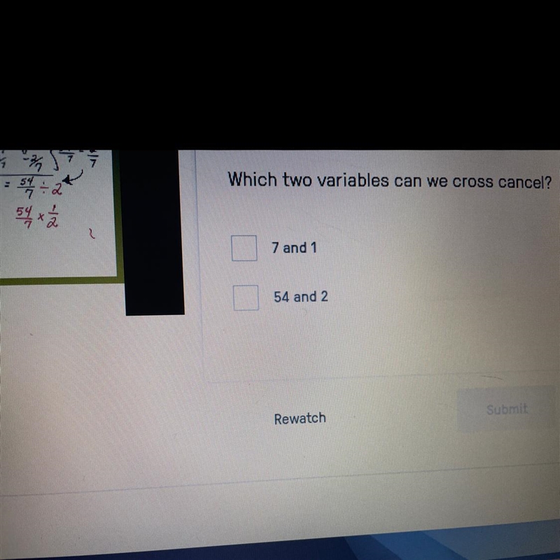 Out of 57/7 x 1/2 what two variables should be crossed canceled-example-1