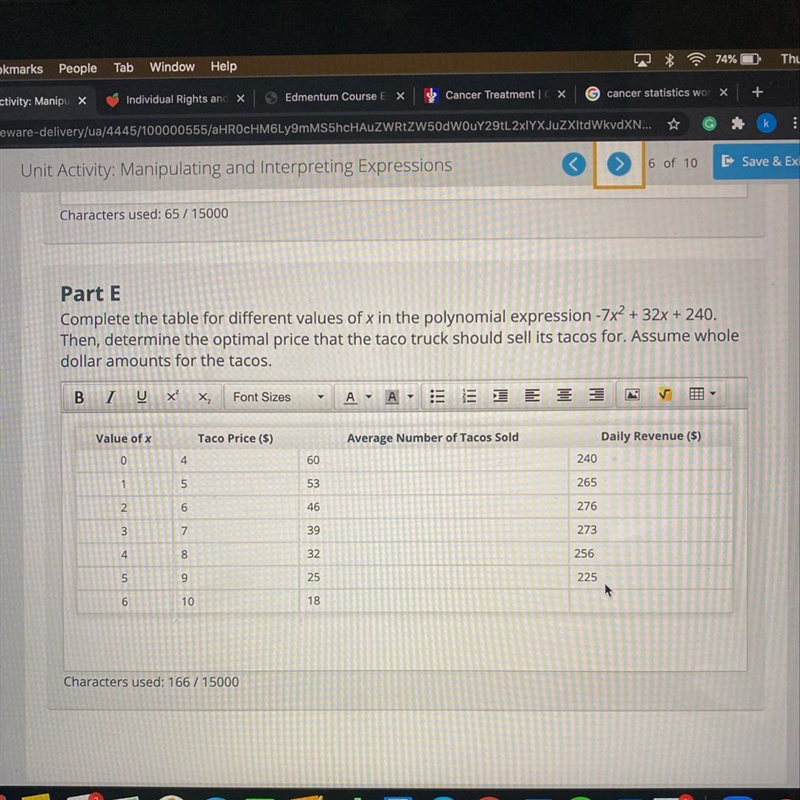 Part EComplete the table for different values of x in the polynomial expression - 7x-example-1