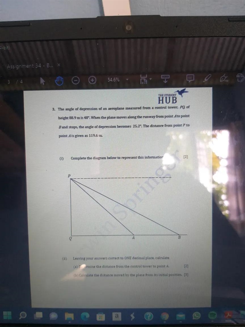 3. The angle of depression of an aeroplane measured from a control tower, PQ, of height-example-1