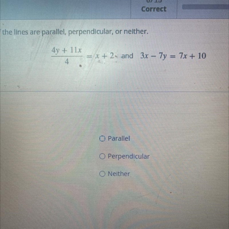 Given the following questions determine if the lines are parallel perpendicular or-example-1