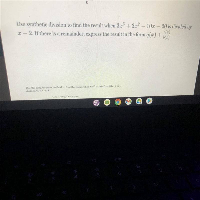 Use synthetic division to find the result when 3x3 + 3x² – 10x – 20 is divided byr-example-1