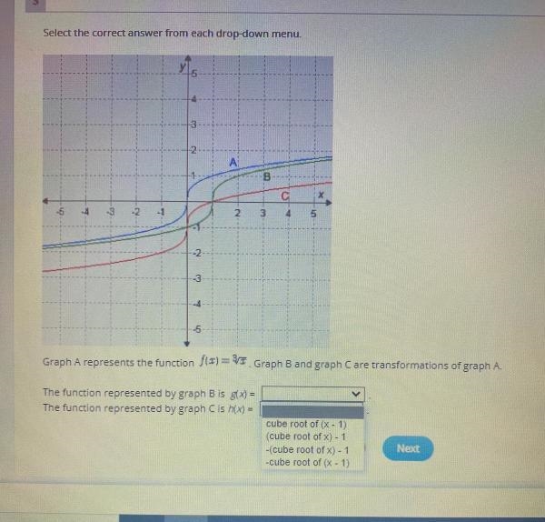 3Select the correct answer from each drop-down menu.1АBxС4-5-1235-234LOGraph a represents-example-1