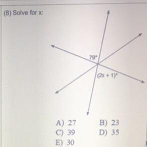 Solve for x: A) 27 C) 39 E) 30 79⁰ (2x+1) B) 23 D) 35-example-1