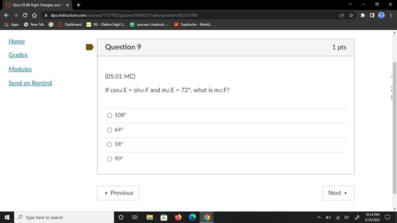 If cos∠E = sin∠F and m∠E = 72°, what is m∠F?-example-1