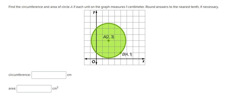 Find the circumference and area of circle A if each unit on the graph measures 1 centimeter-example-1