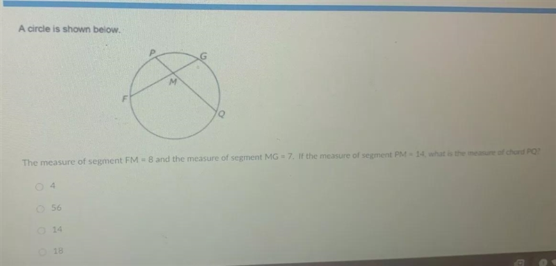 for a circle there is a segment fm=8, mg=7 and pm=14. what is the measure of chord-example-1