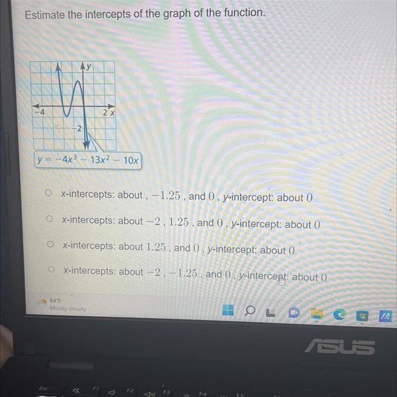 Estimate the intercepts of the graph of the function. -4 Ay -2 2 x 13x² - 10x y=-4x-example-1