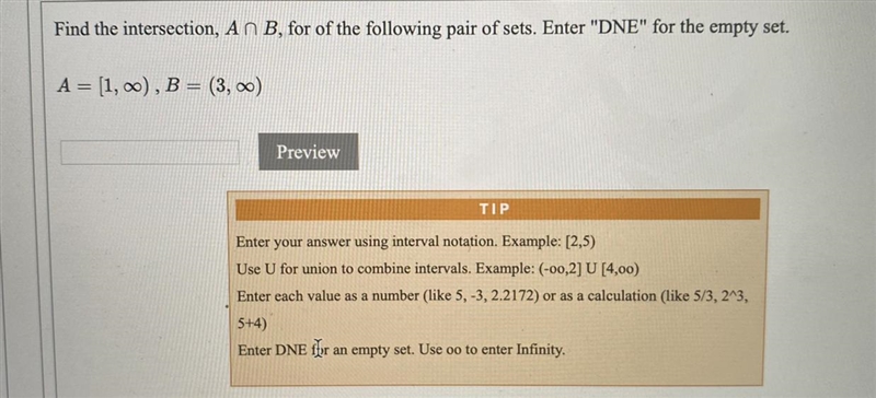 Find the intersection, A B, for the following pair of sets. Enter DNE for the empty-example-1