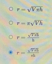 The formula gives the volume V of a right cylinder with radius r and height h.V = πr-example-1