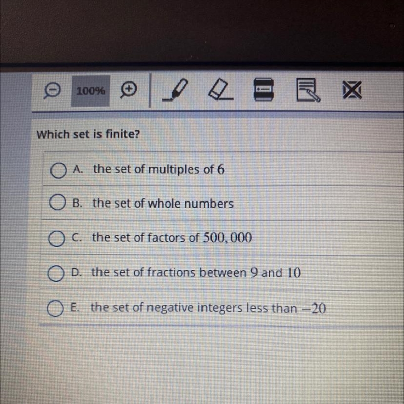 Which set is finite?A. the set of multiples of 6OB. the set of whole numbersC. the-example-1