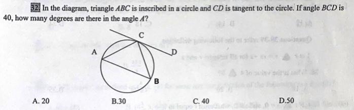 In the diagram, triangle ABC is inscribed in a circle and CD is tangent to the circle-example-1