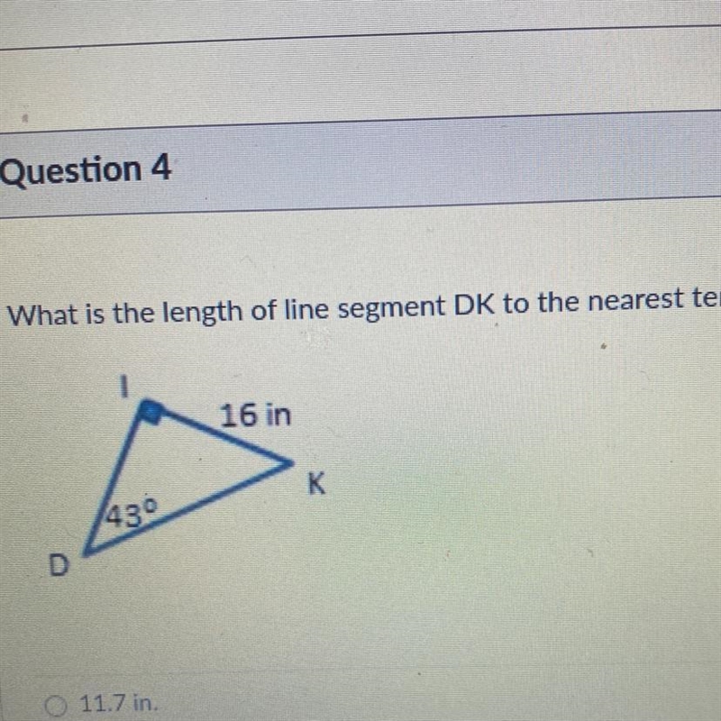 Question 410What is the length of line segment DK to the nearest tenth of an inch-example-1