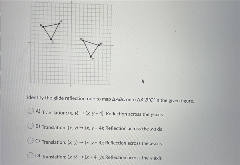 Identify the glide reflection rule to map ΔABC onto ΔA′B′C′ in the given figure.Question-example-1