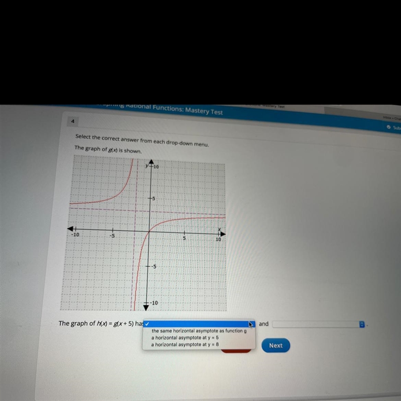 second blank has the option of , the same verticle asymptote as function h, vertical-example-1