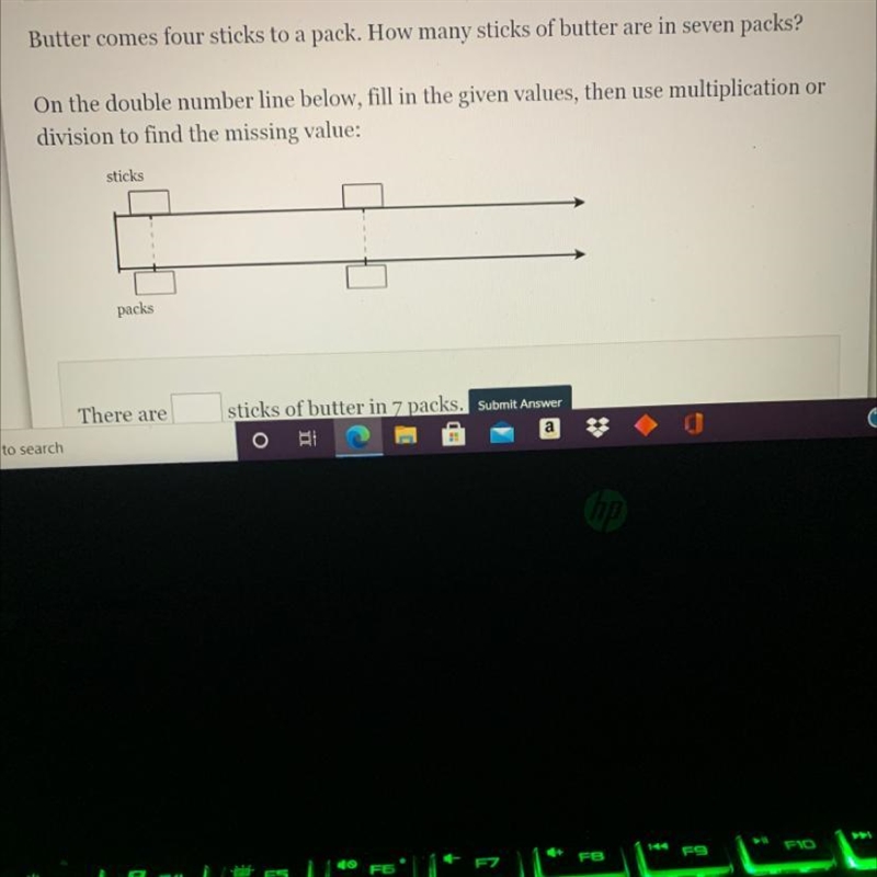 Butter comes four sticks to a pack. How many sticks of butter are in seven packs?On-example-1