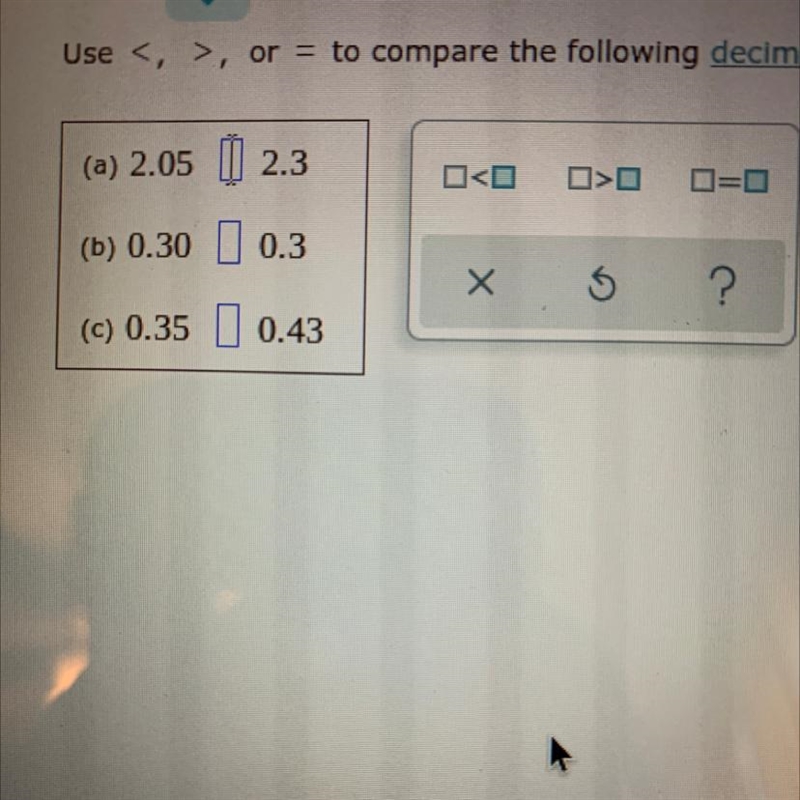 Use <, >, or = to compare the following decimals.-example-1