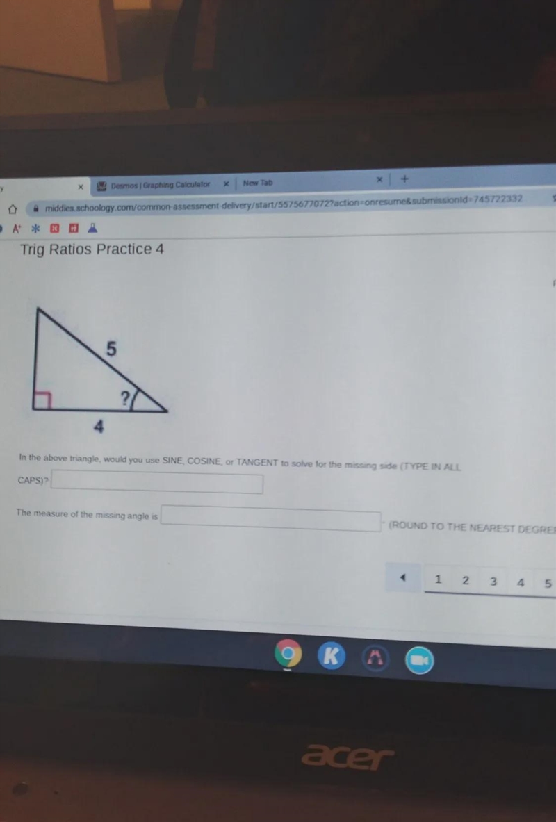 5 2 in the above triangle, would you use SINE, COSINE, or TANGENT to solve for the-example-1