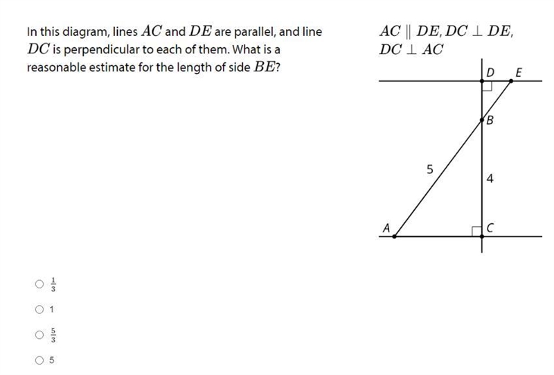 In this diagram, lines AC and DE are parallel, and line DC is perpendicular to each-example-1