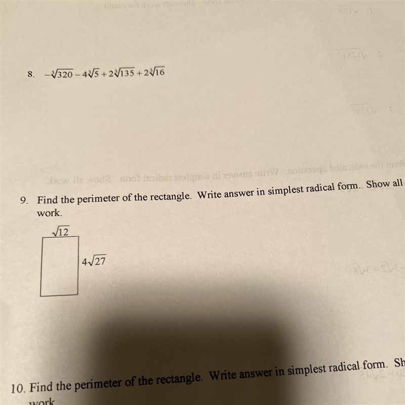 9. Find the perimeter of the rectangle. Write answer in simplest radical form. Show-example-1