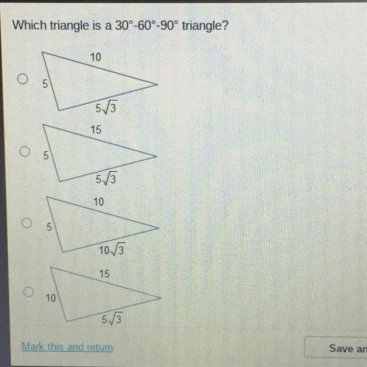 Which triangle is a 30°-60°-90° triangle? 10 O 5 573 15 O 5 5 5/5 10 O 5 10/3 15 O-example-1