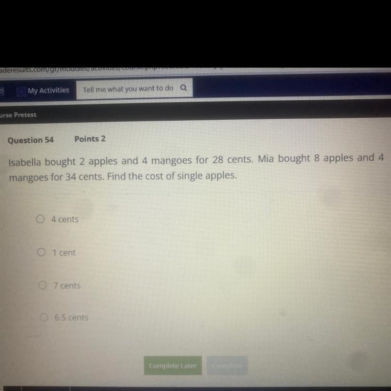 Mia by eight apples and four mangoes for $.34 find the cost of single apples-example-1