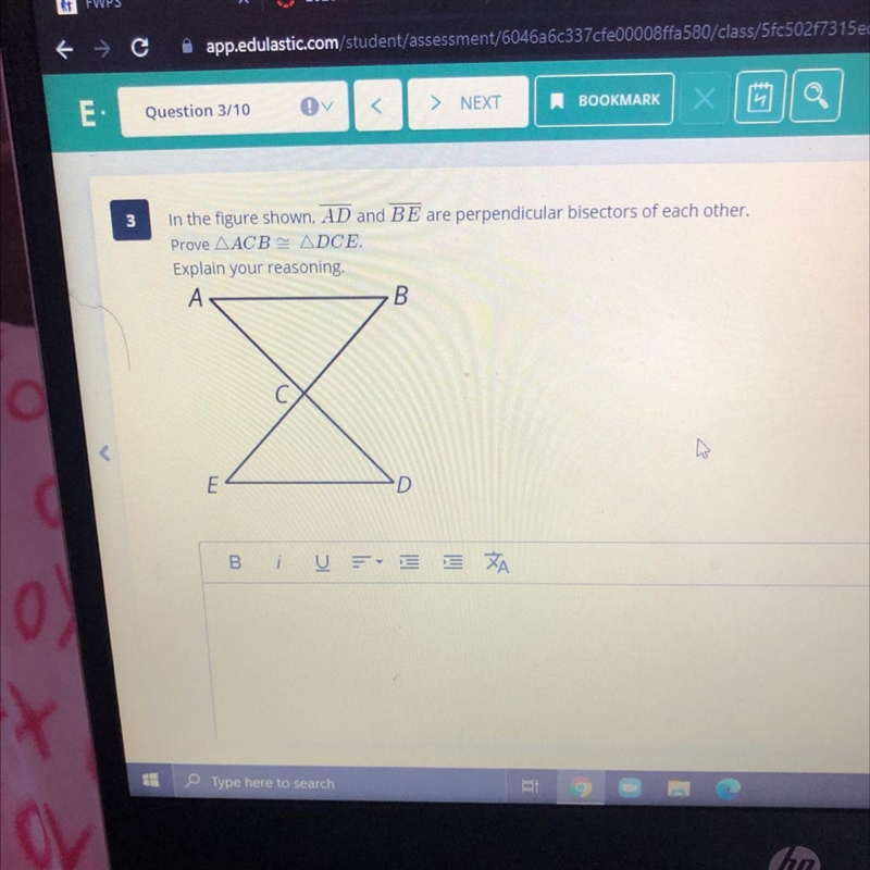 3In the figure shown, AD and BE are perpendicular bisectors of each other.Prove AACB-example-1