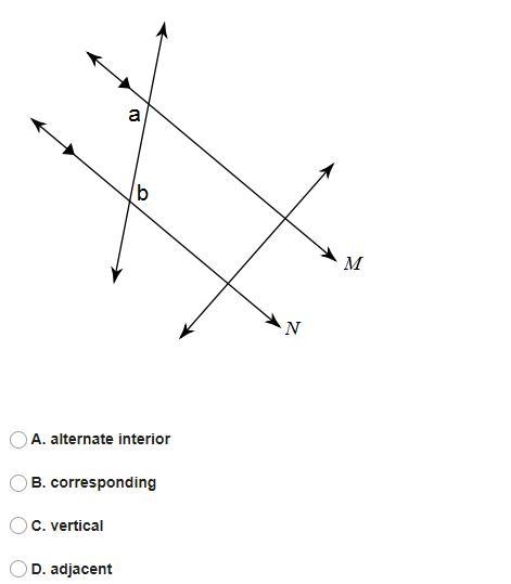 Lines M and N are parallel. Name the relationship between ∠a and ∠b.-example-1