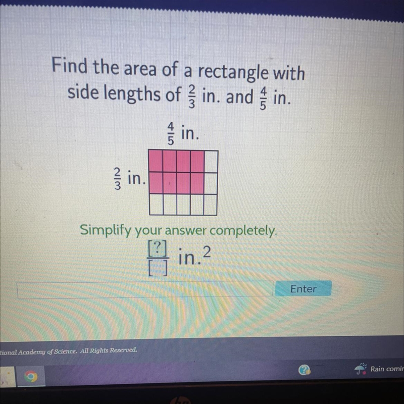 Find the area of a rectangle with side lengths of in. and in. 2|3 in. 415 in. Simplify-example-1