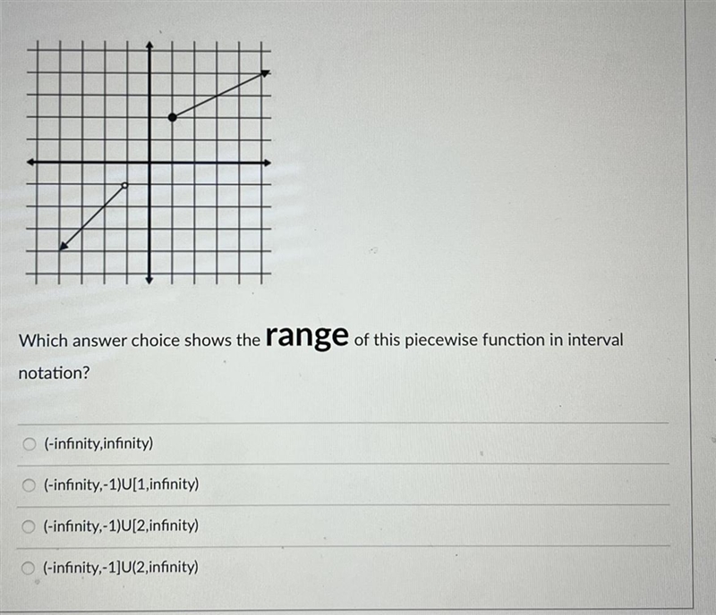 Which answer choice shows the range of this piecewise function in interval notation-example-1