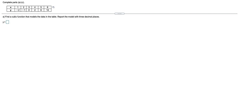 Complete parts (a)-(c)a) Find a cubic function that models the data in the table. Report-example-1