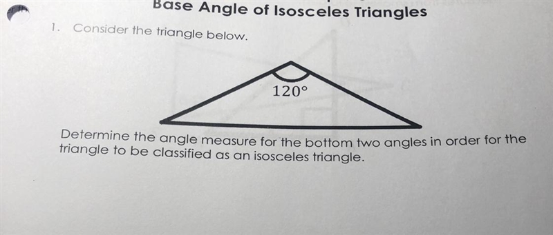 Consider the triangle below. Determine the angle measure for the bottom two angles-example-1