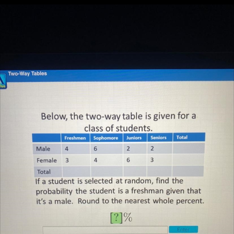 Below, the two-way table is given for aclass of students.Freshmen Sophomore Juniors-example-1