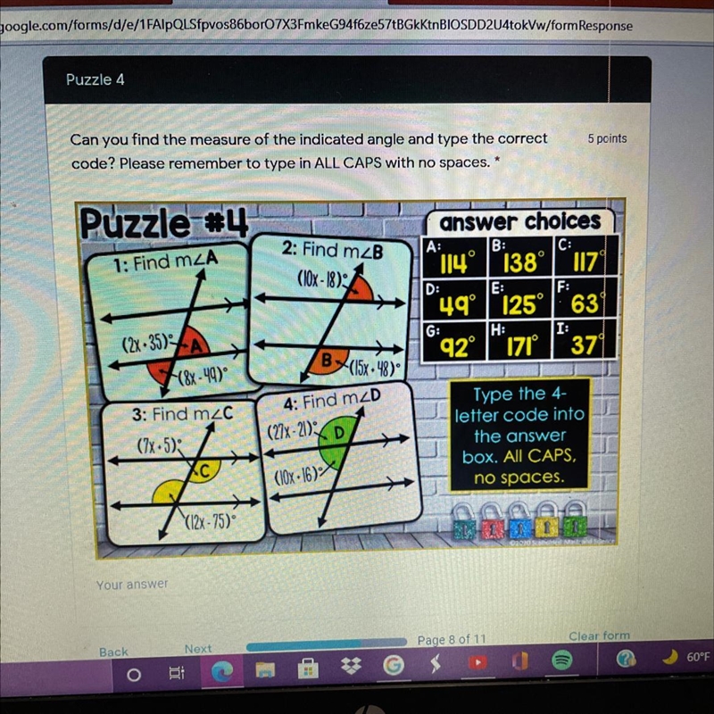 Can you find the measure of the indicated angle and type the correct code?-example-1