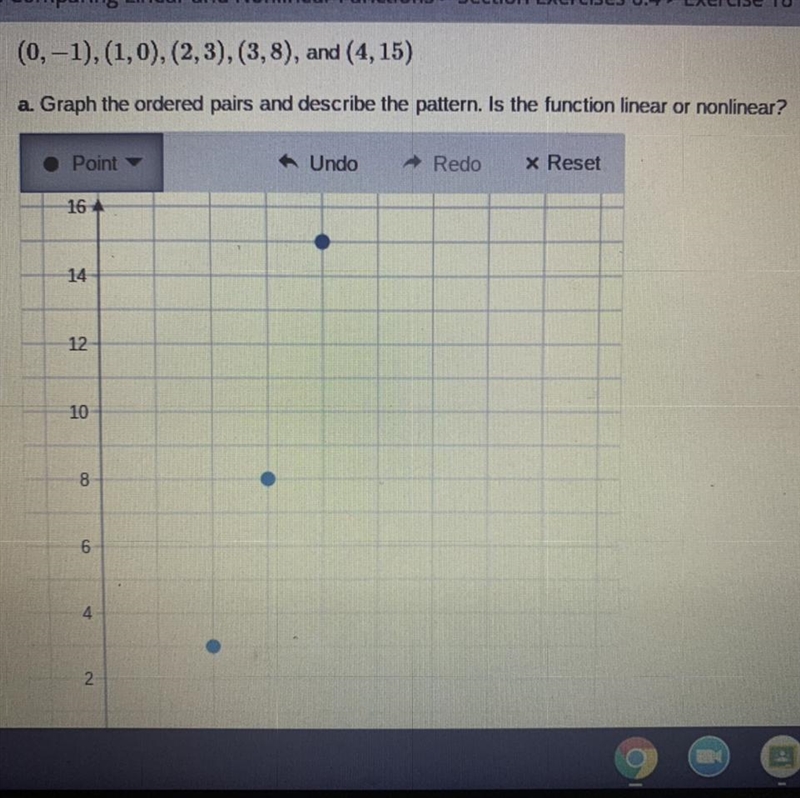 I have been given ordered pairs. I have graphed them. It is a nonlinear function. I-example-1