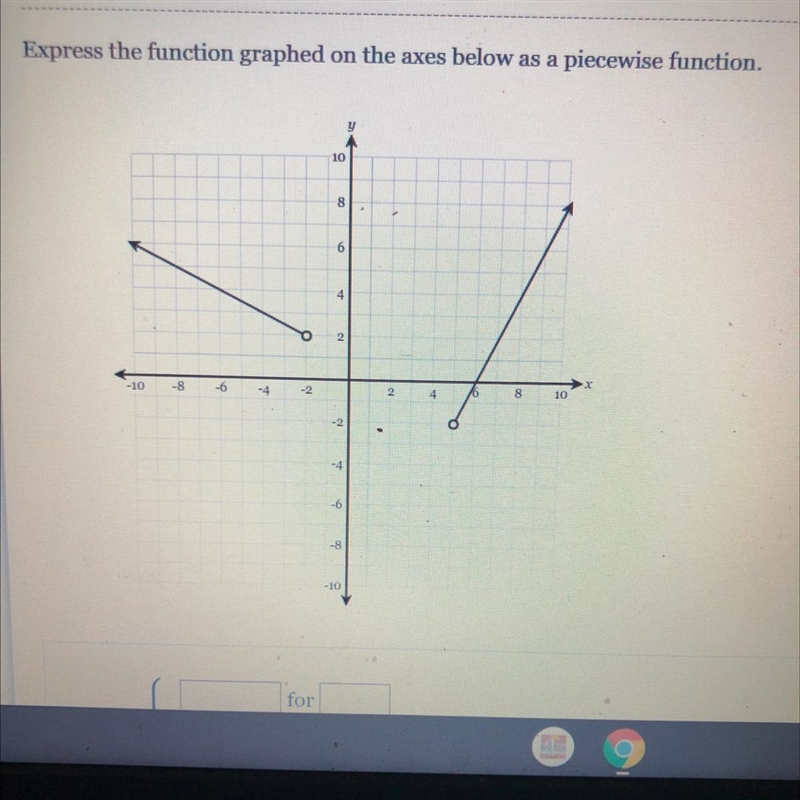 Express the function graphed on the axes below as a piecewise function.86-10-8-6-4-2810-4-6-8-10-example-1